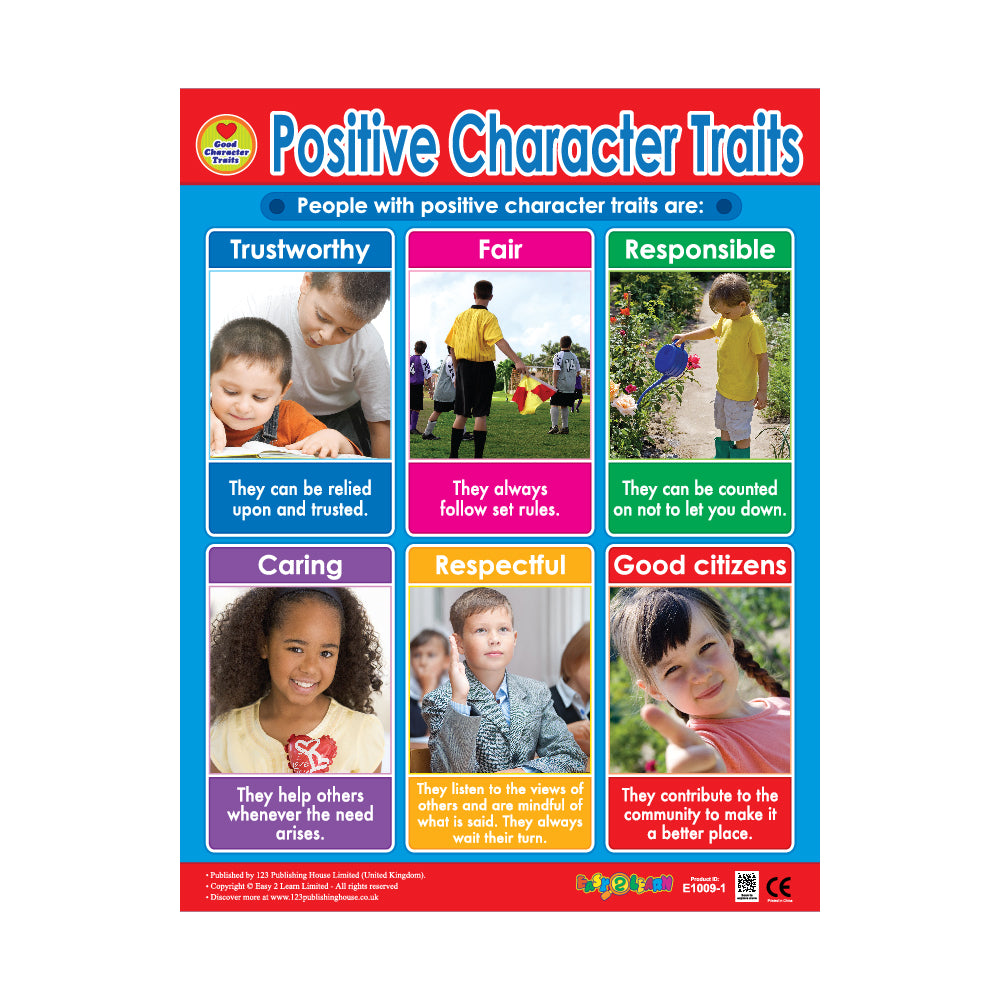 A colorful wall chart titled 'Positive Character Traits' with different character traits listed and images of children demonstrating those traits.
