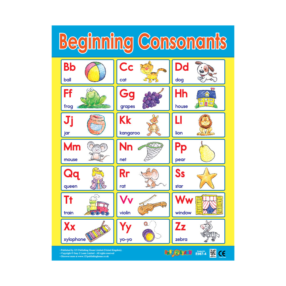 A colorful wall chart titled 'Beginning Consonants' with illustrations of objects and animals representing different consonant sounds.