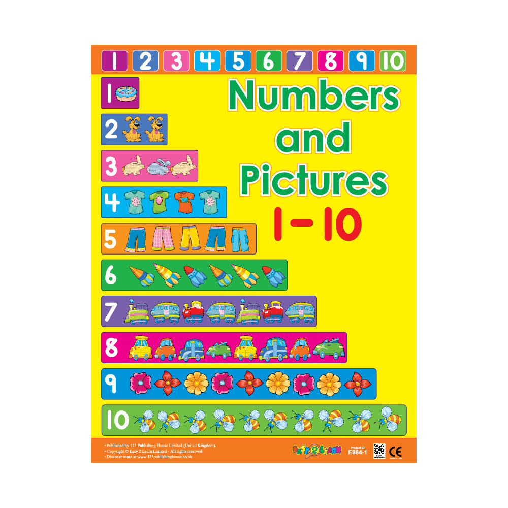 The "Numbers and Pictures 1-10" chart is an educational tool designed to help young learners develop number recognition and counting skills from 1 to 10. You can use it by: