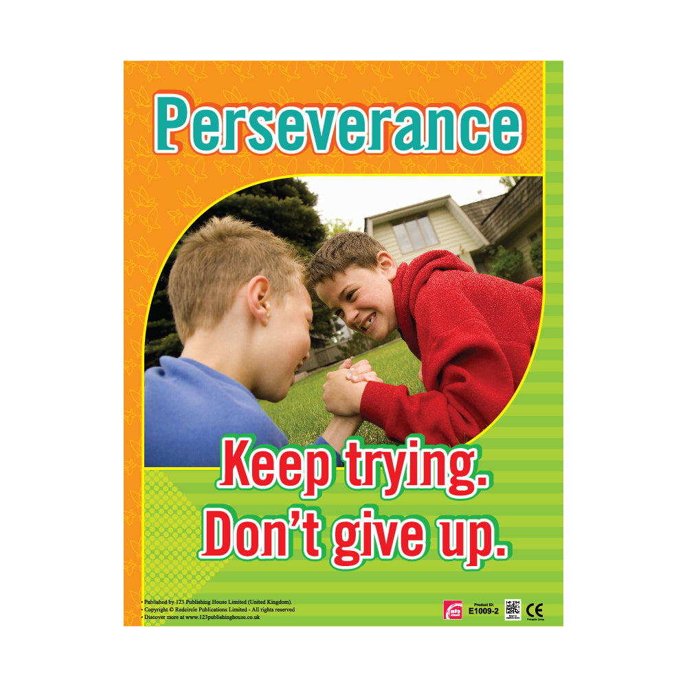 An educational wall chart with the title 'Perseverance' featuring an image of two children motivatin each other to keep trying and not give up, with a green and yellow border.