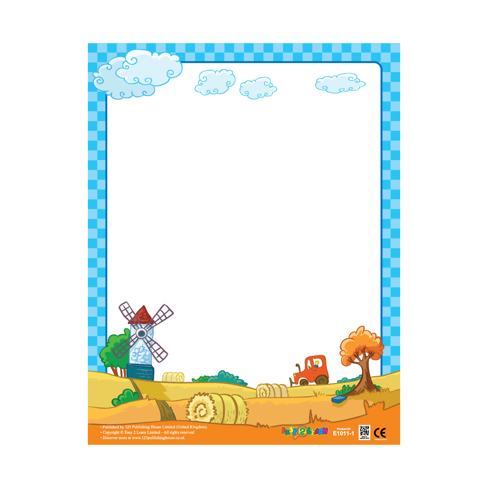 A colorful write-on chart with a farm theme, featuring a windmill, trees, clouds, and a blue checkered border.