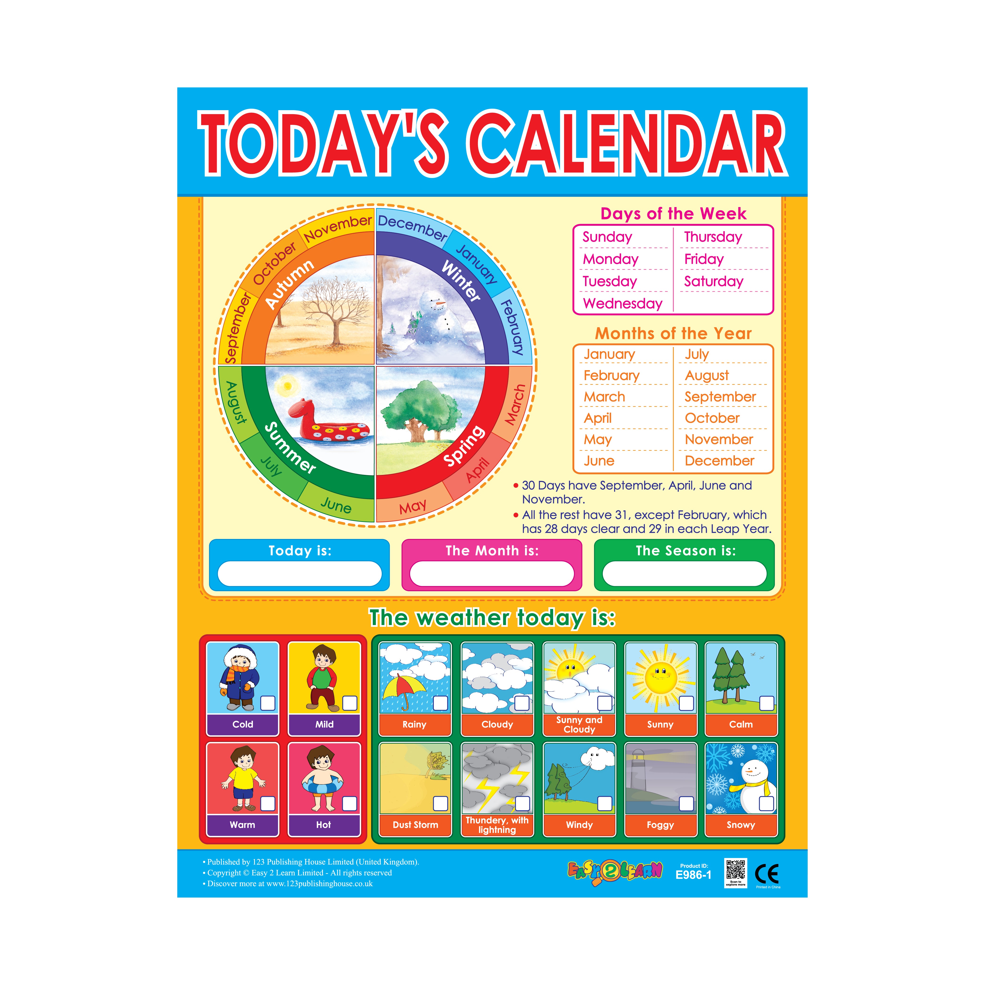 A colorful wall chart titled 'Today's Calendar' with elements like a tree, seasons, weather, and days of the week, designed for classroom and home use.