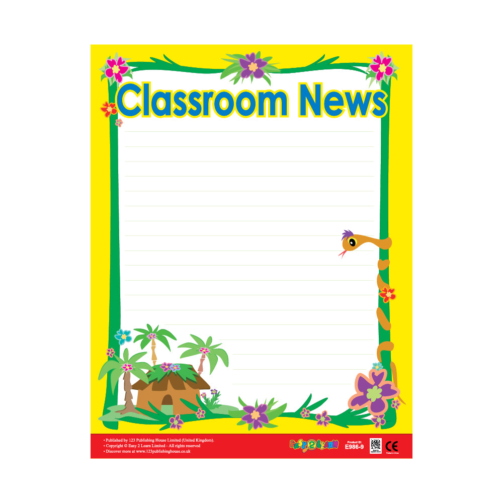 A colorful write-on chart with a tropical theme, titled 'Classroom News', featuring a snake, palm trees, and flowers.