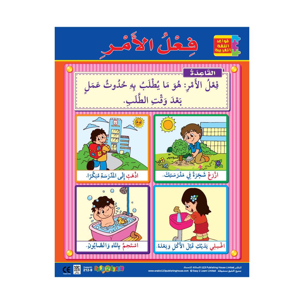 Colorful educational wall chart in Arabic with illustrations and text, designed for use as a teaching aid or decorative piece.