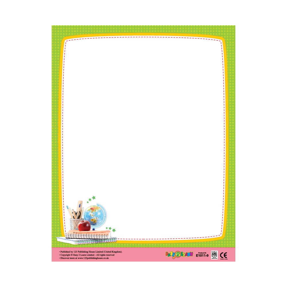 The image depicts School Days Stationery Paper. This stationery features a school-themed border with elements like a globe, pencils, and an apple, and is designed for use in various settings such as homes, offices, classrooms, and schools. It is compatible with inkjet and laser printers.