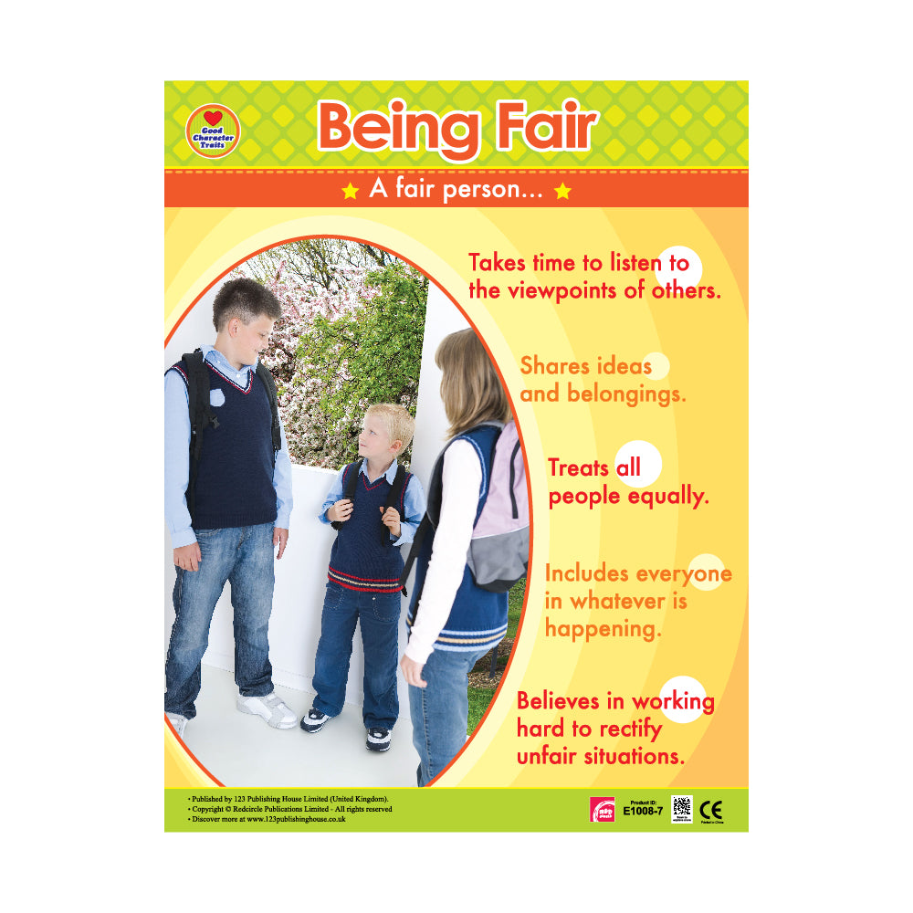 The image is titled "Being Fair." It is a poster or educational material that outlines the characteristics of a fair person, including