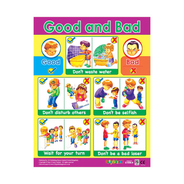 Colorful educational wall chart titled 'Good and Bad' with illustrations and text depicting examples of good and bad behavior.