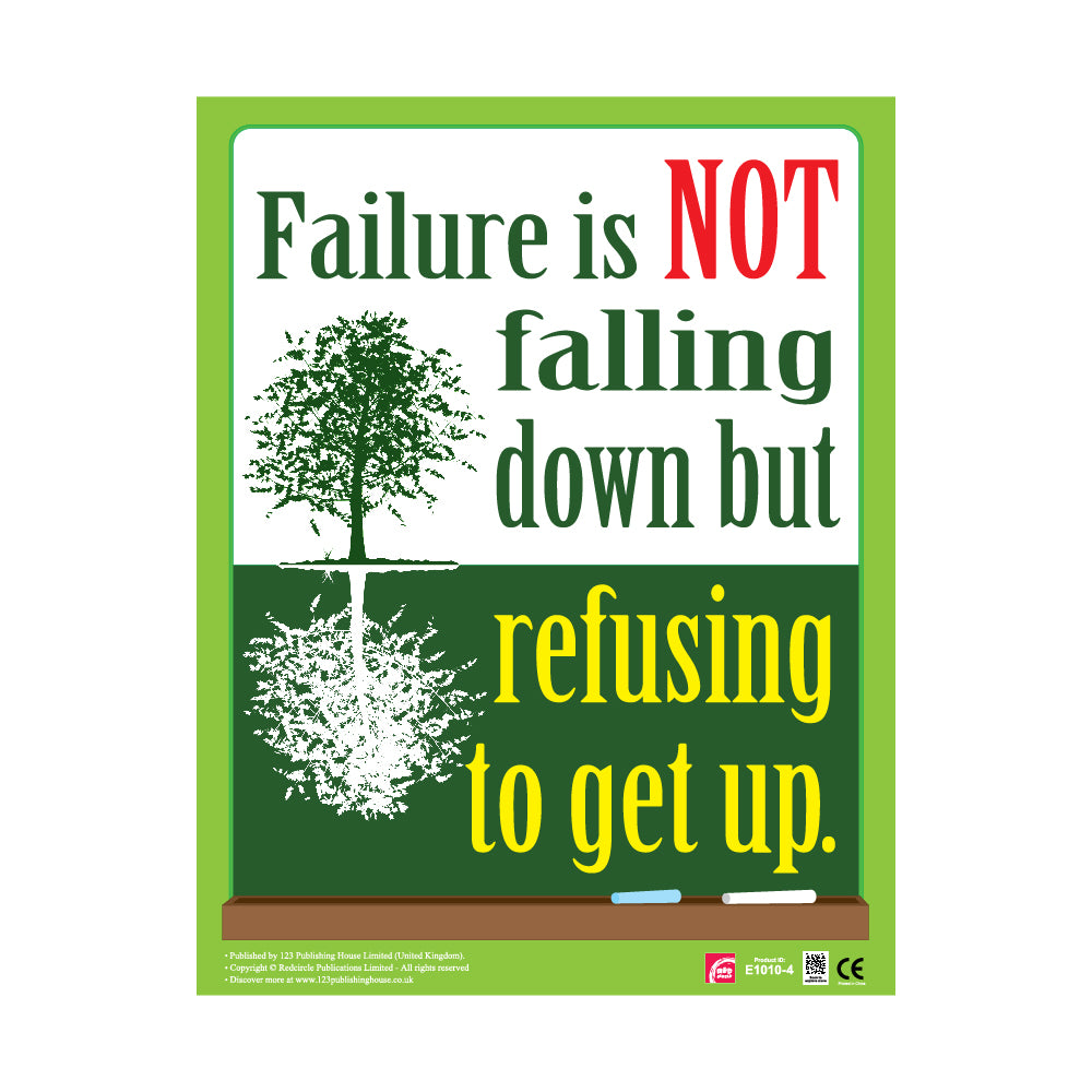 A wall chart with a green background, white text, and red accents, featuring an image of a tree and the text 'FAILURE IS NOT FALLING DOWN BUT REFUSING TO GET UP.'.