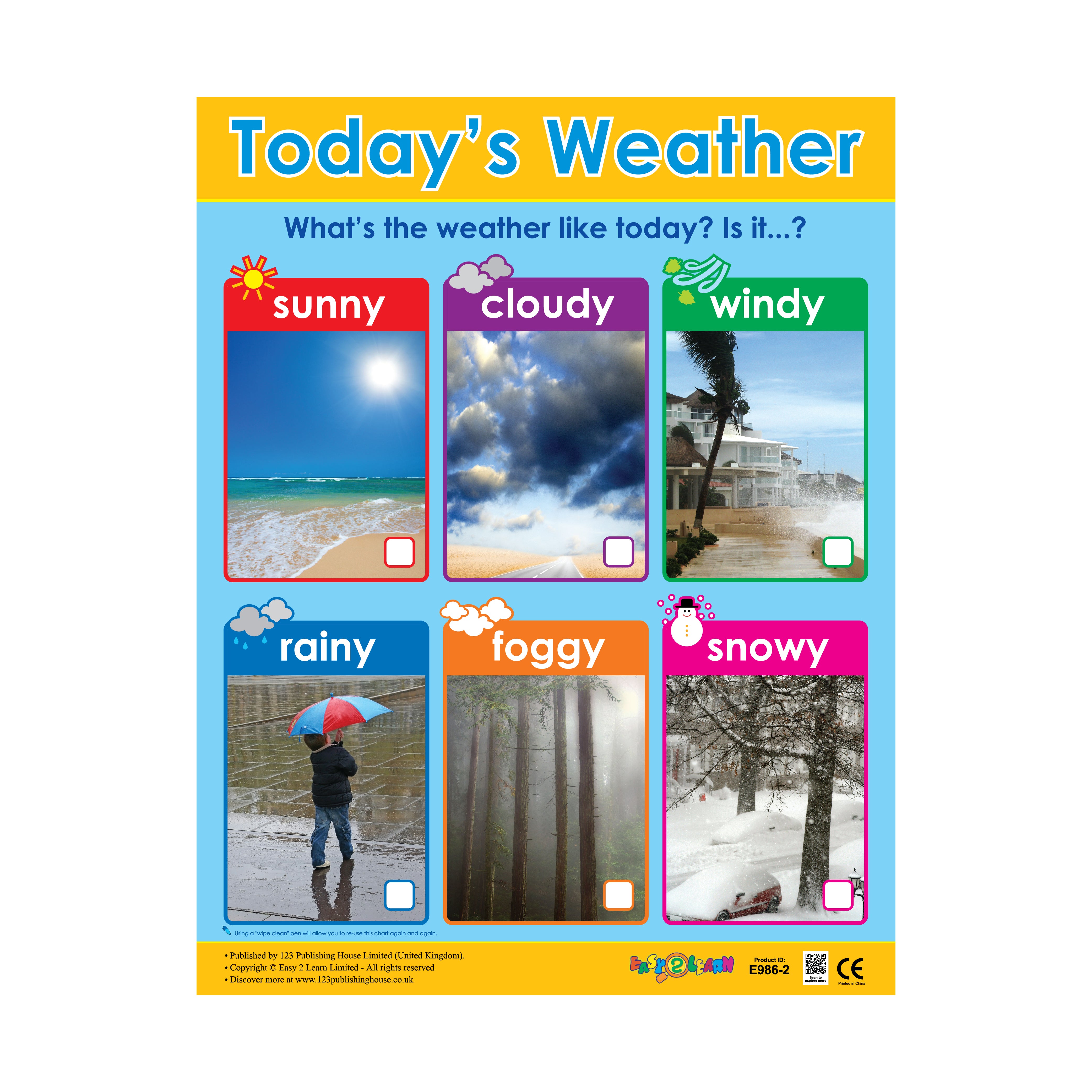 A colorful wall chart titled 'Today's Weather' with sections for sun, clouds, wind, rain, and snow, alongside images of the weather phenomena and a child interacting with the chart.