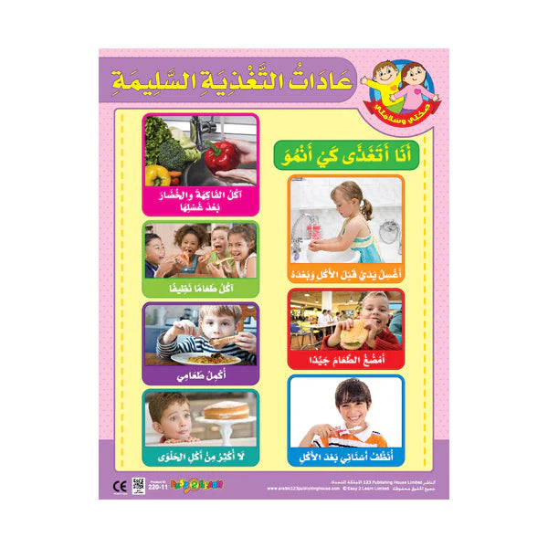 Colorful educational wall chart in Arabic with illustrations and text, designed for use in classrooms or at home.