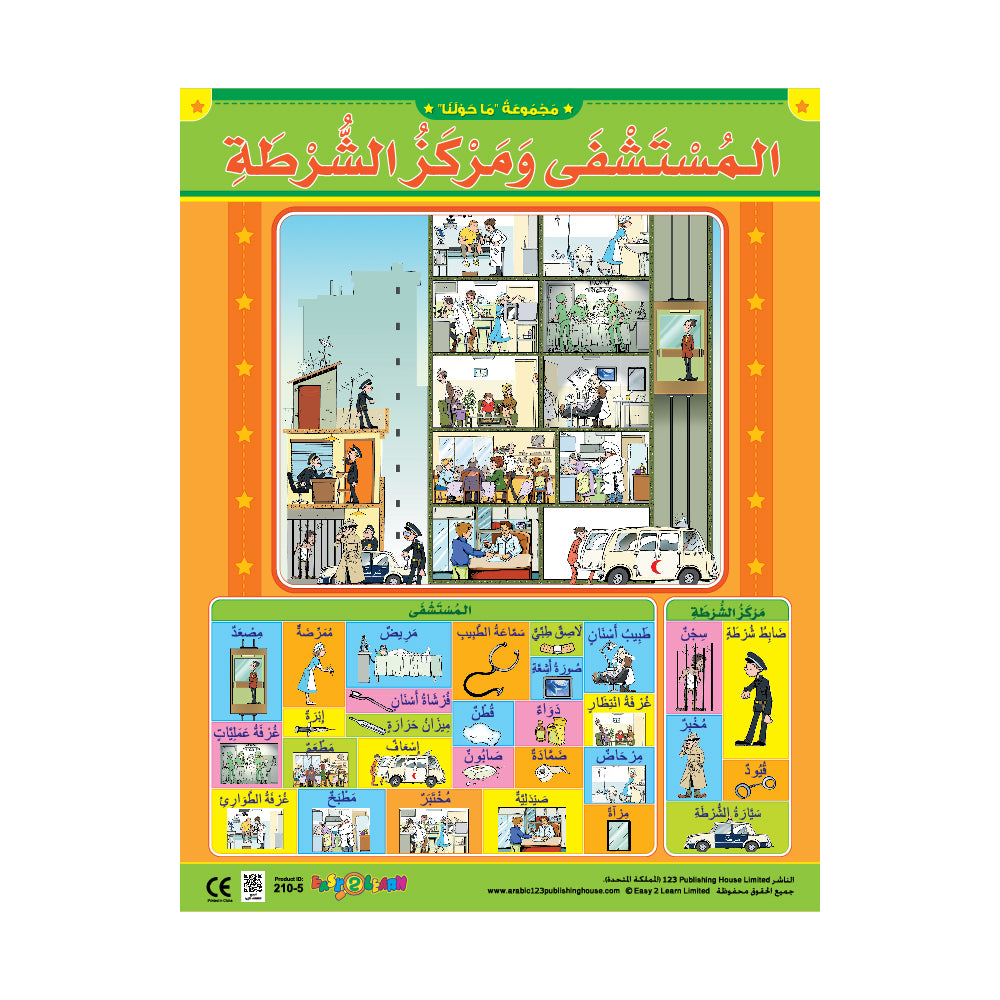 A colorful wall chart in Arabic featuring various illustrations related to hospital and police station scenes, with textual information.