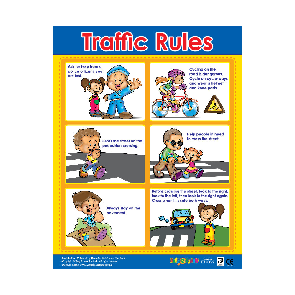 A colorful wall chart titled 'Traffic Rules' with various cartoon illustrations depicting children and adults following traffic rules and regulations.