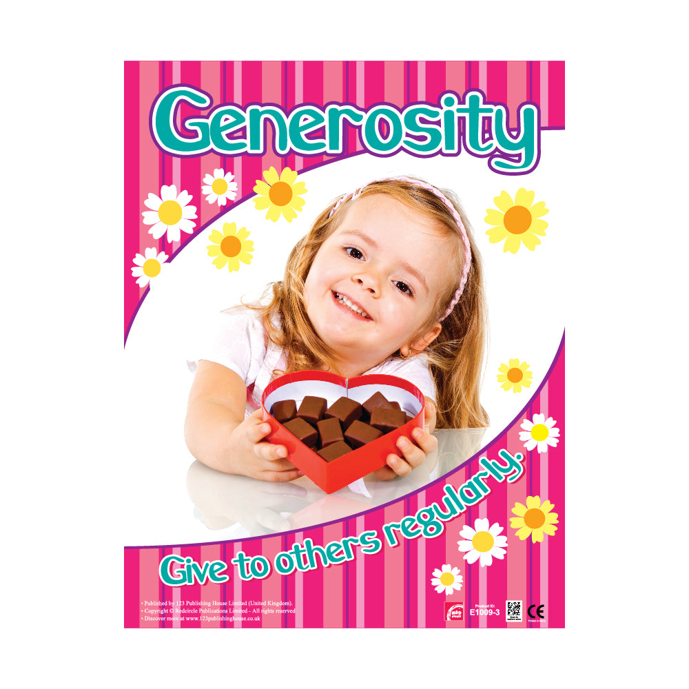 A colorful wall chart depicting a young girl holding a box of chocolates with the title 'Generosity' at the top and the phrase 'Give to others regularly' at the bottom.