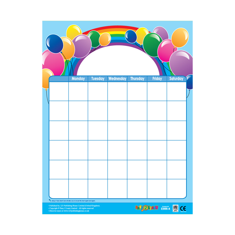 A colorful weekly schedule chart with a rainbow background and balloons, designed for classroom or home use.