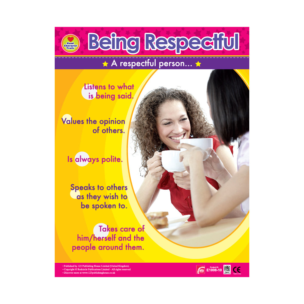 The image displays a poster titled "Being Respectful." It outlines key characteristics of a respectful person, including