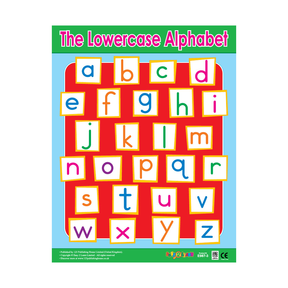 A colorful wall chart for learning the lowercase alphabet, with each letter illustrated in a vivid color against a red background.