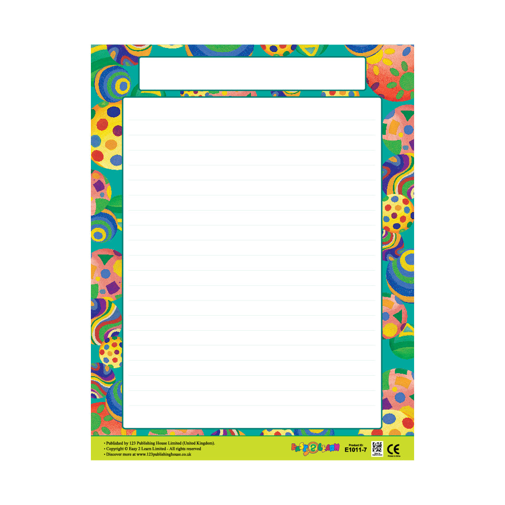 A colorful write-on chart with a multicolored pattern and a blank space for writing at the top.