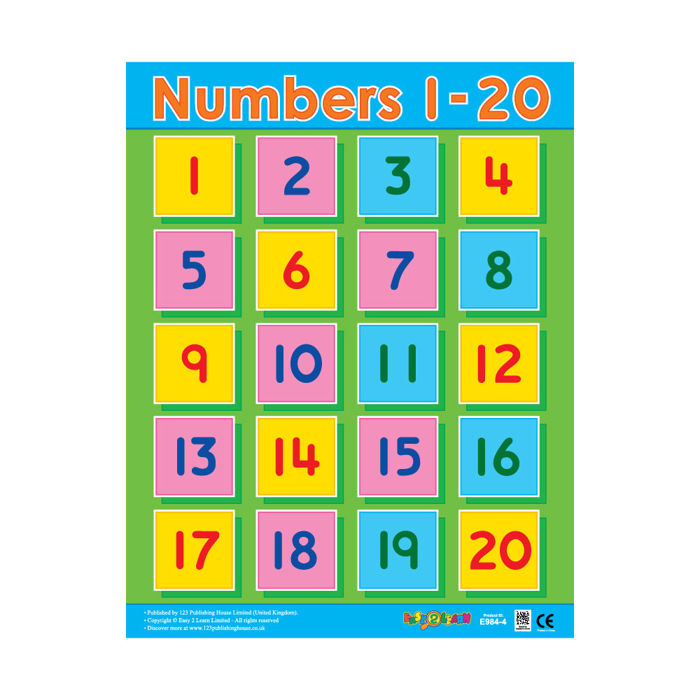 A colorful wall chart for children featuring numbers 1-20 with corresponding QR codes for audio-visual version.