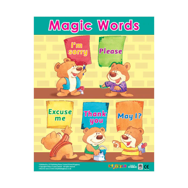 A colorful wall chart titled 'Magic Words' with illustrations of bears and children showing different polite phrases.