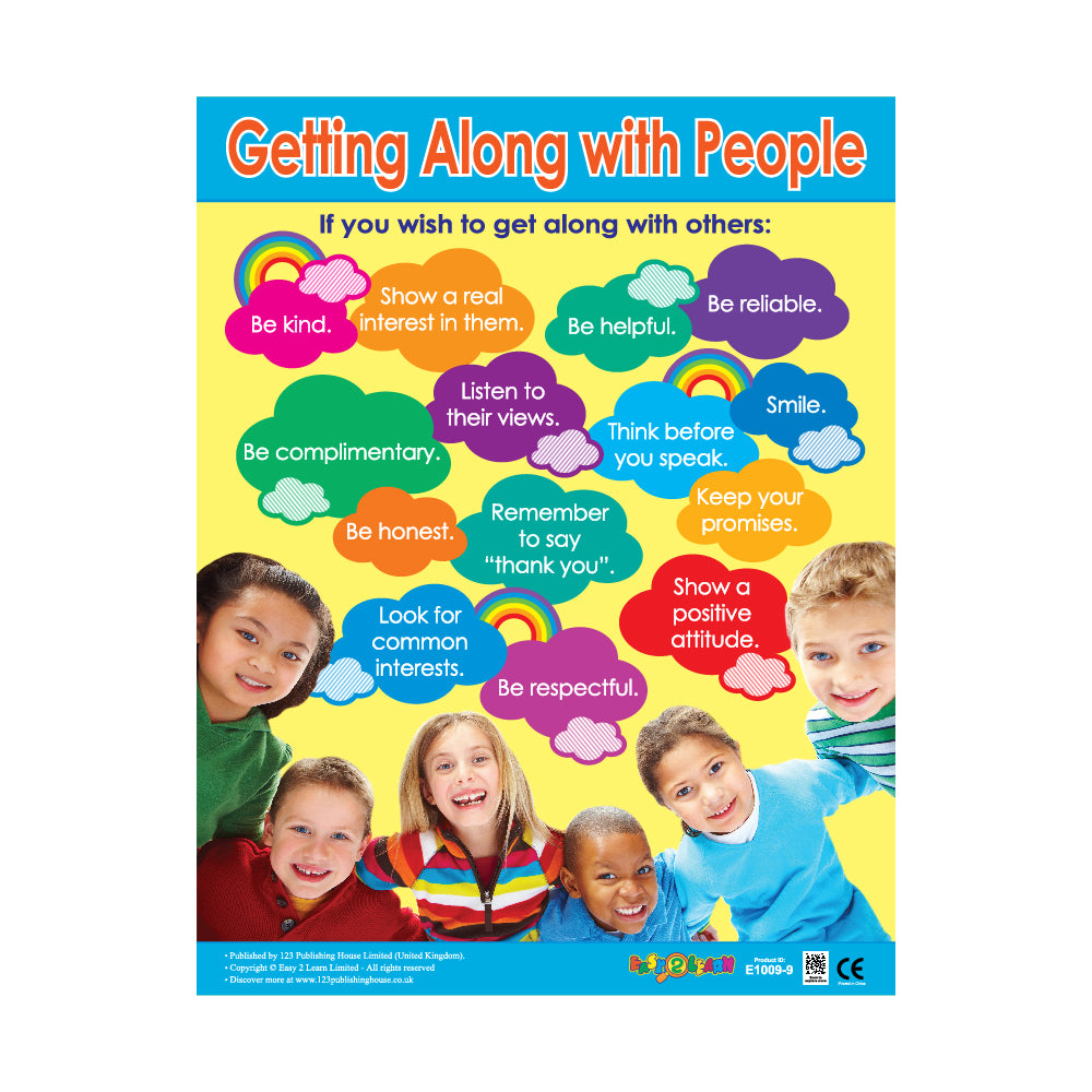 A colorful wall chart titled 'Getting Along with People' with various phrases of advice on how to interact with others, displayed in different colors with illustrations of children and adults reacting to the phrases.