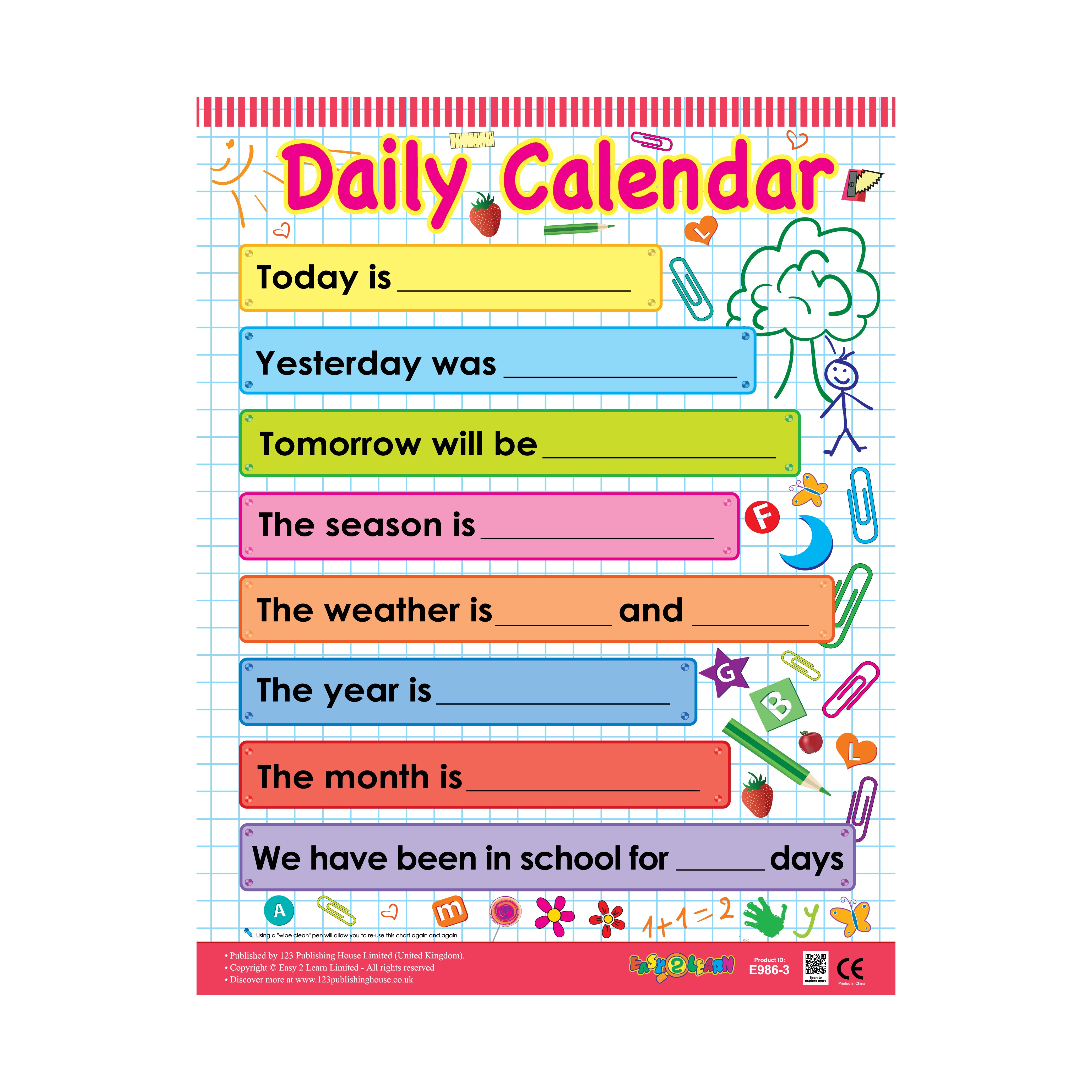 A colorful daily calendar wall chart with sections for marking different types of days like school days, holidays, birthdays, and the year.