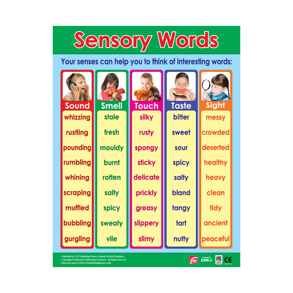 a poster explaining "Sensory Words," which are words related to the five senses: Sound, Smell, Touch, Taste, and Sight