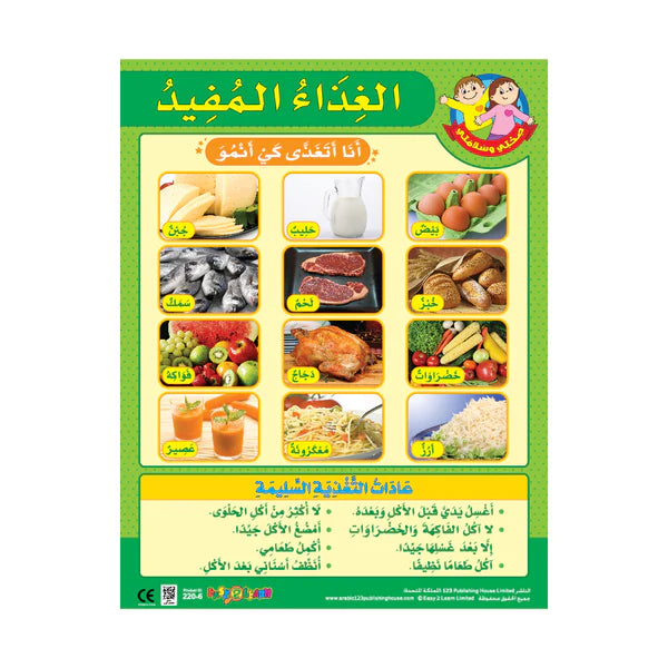 A colorful wall chart in Arabic featuring different food items and their English translations, with a QR code download icon.