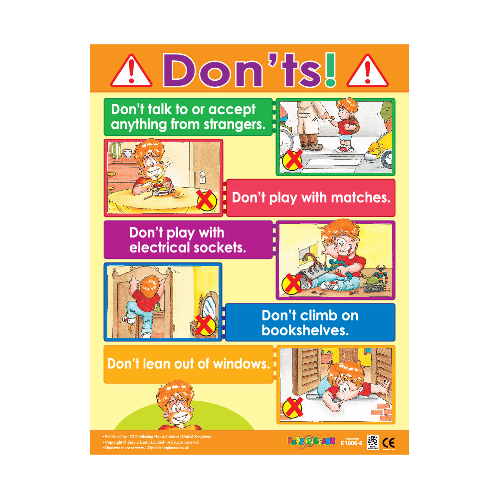 A colorful wall chart titled 'DON'TS!' with various instructions and illustrations for children, such as not talking to strangers and not playing with matches.