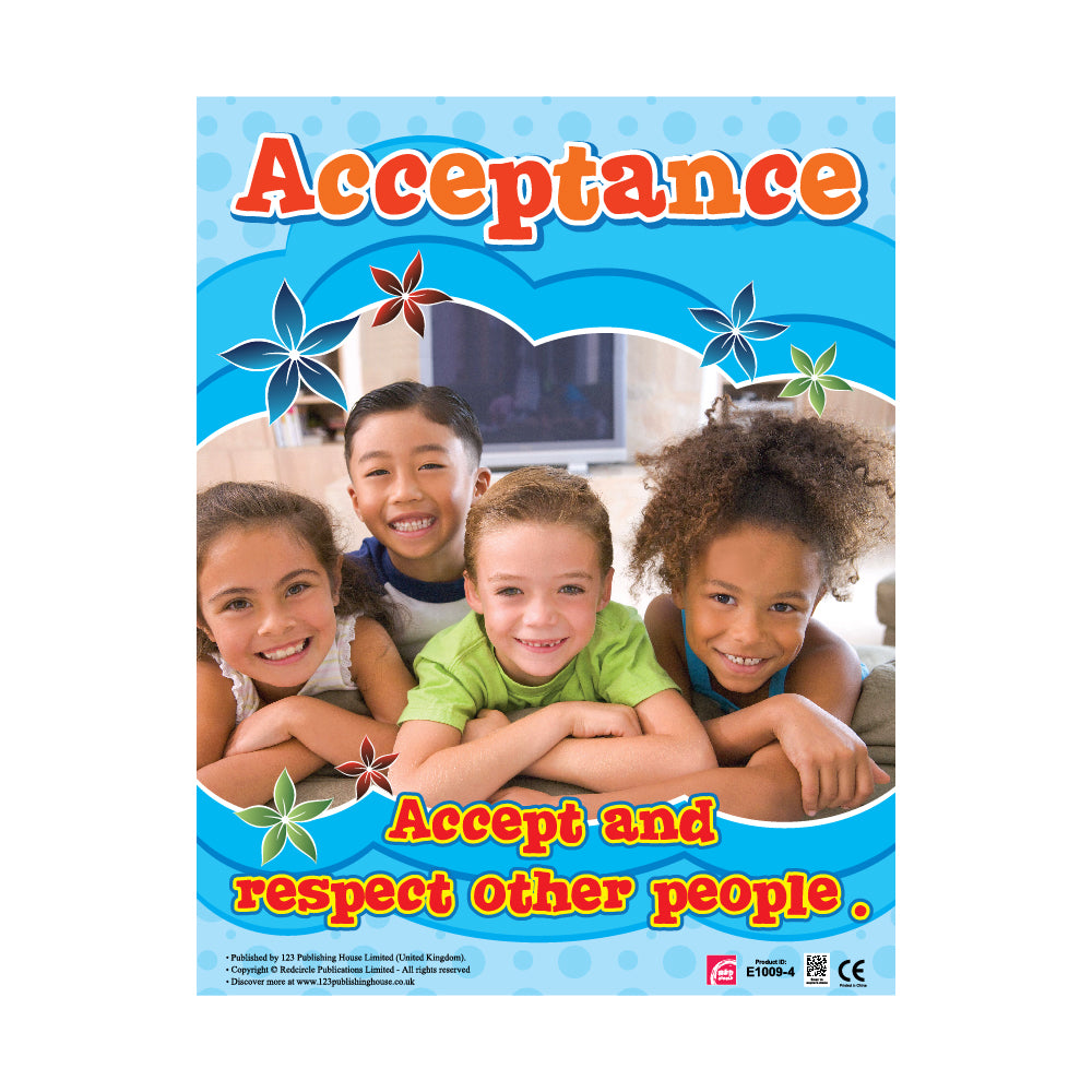 A colorful wall chart featuring diverse children smiling, with the title 'Acceptance' and the phrase 'Accept and respect other people.'.