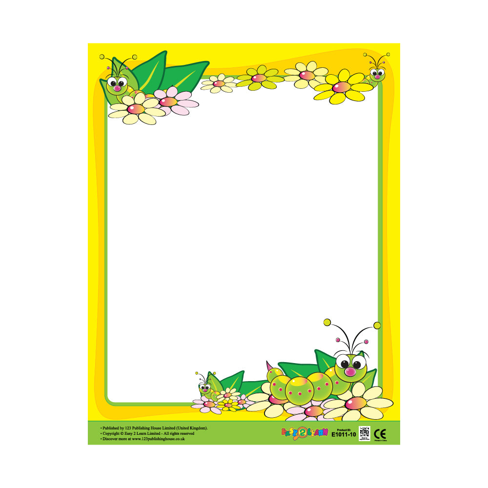A colorful write-on chart with a floral and insect border, predominantly yellow, designed for children's creativity and educational purposes.