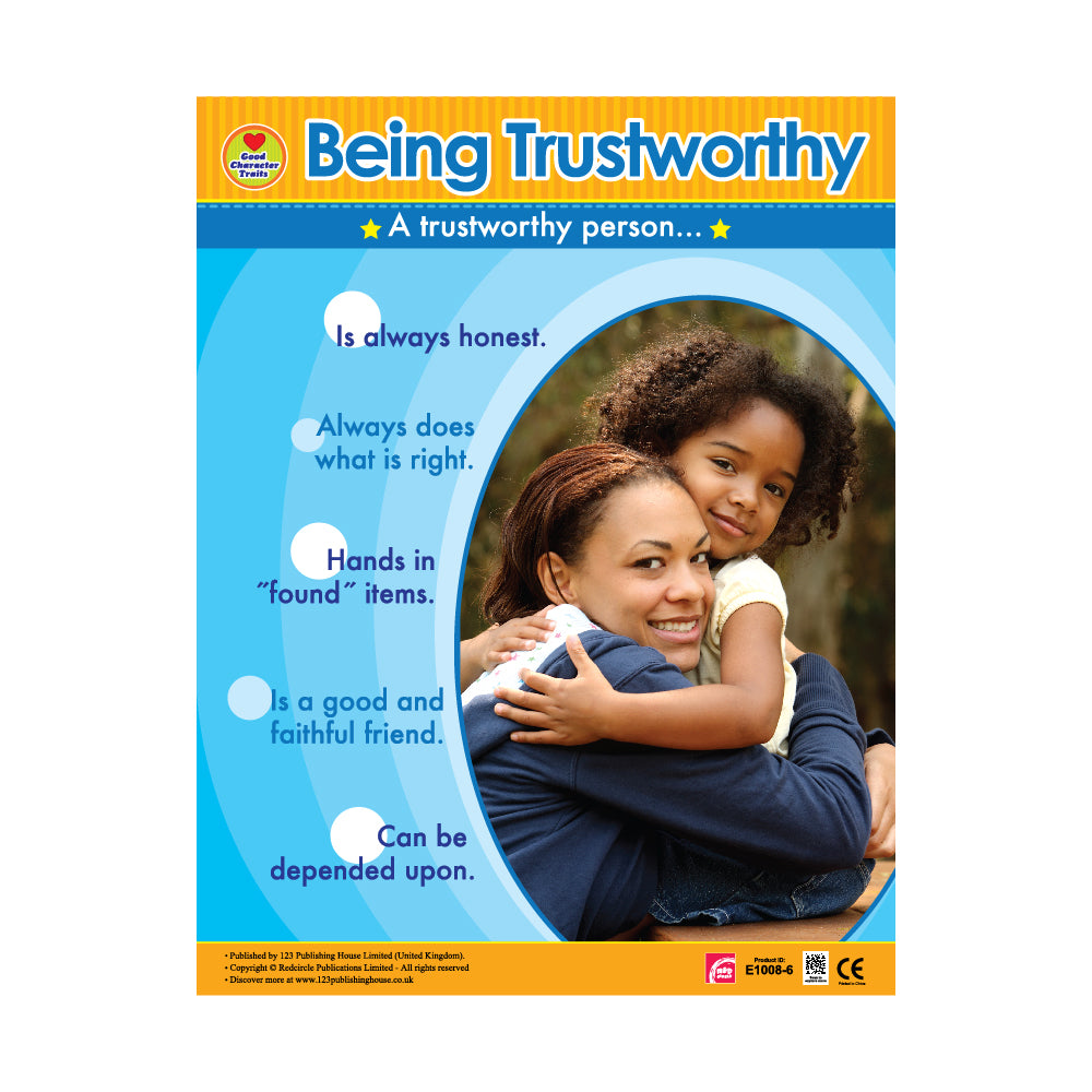 This is a poster titled "Being Trustworthy" that outlines the characteristics of a trustworthy person.