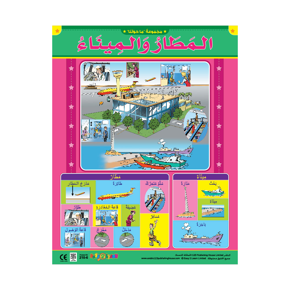 Colorful educational wall chart with illustrations related to airports and harbors in Arabic.