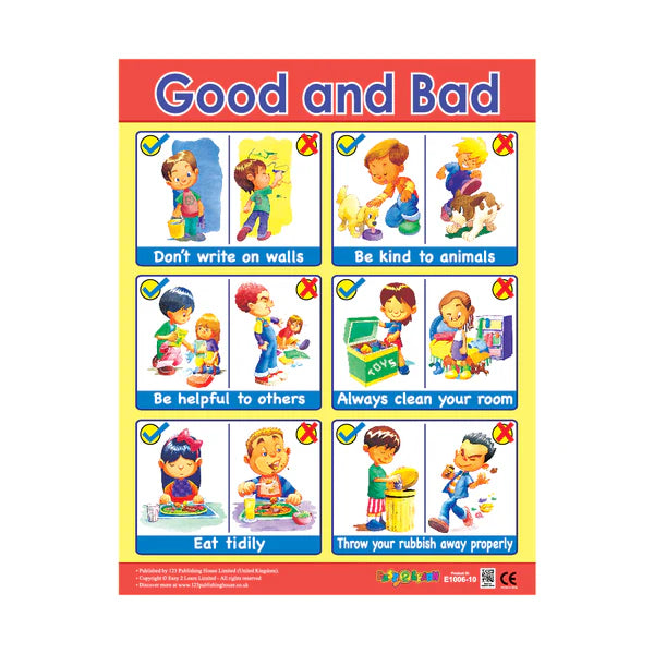A colorful wall chart titled 'Good and Bad' with various cartoon images depicting children engaging in different activities, and textual advice on how to be good and bad.
