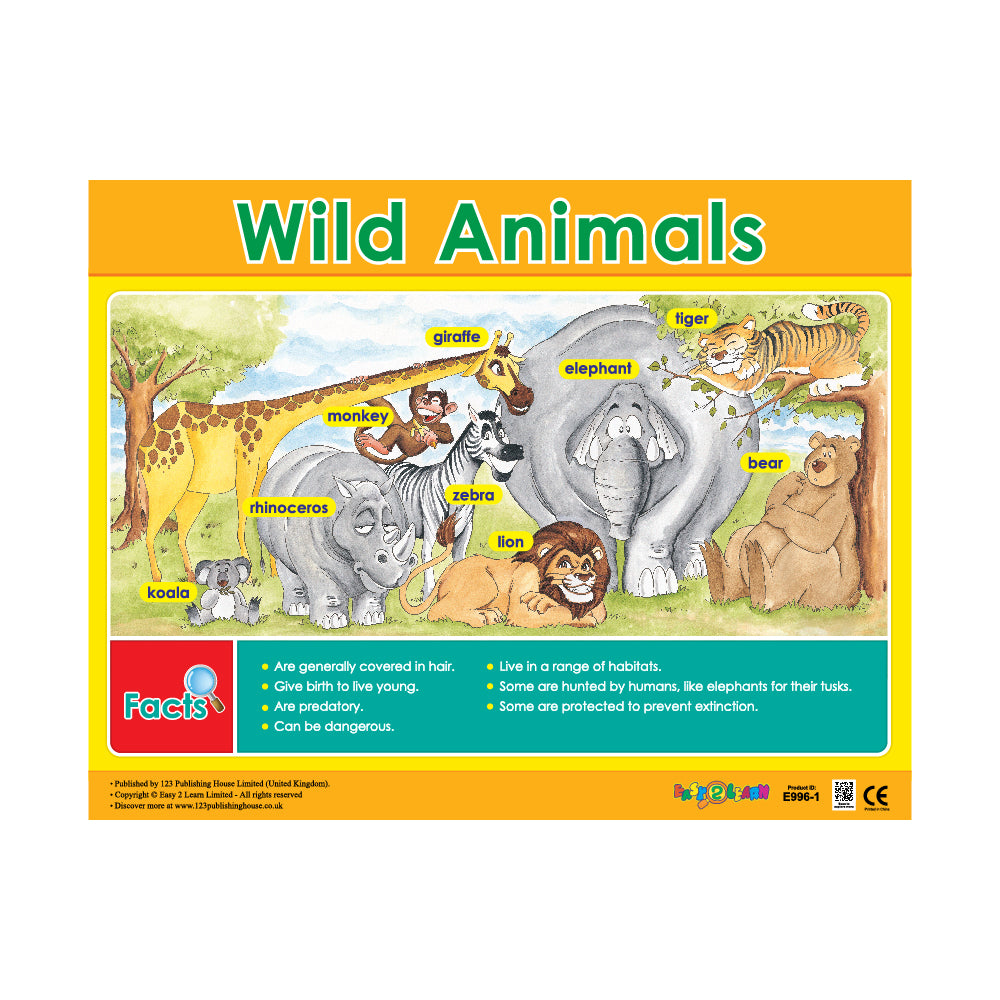 An educational wall chart titled 'Wild Animals' featuring colorful illustrations of various animals and a landscape. The chart includes a list of animals like elephant, giraffe, lion, zebra, and bear, with facts about their habitats and behaviors.