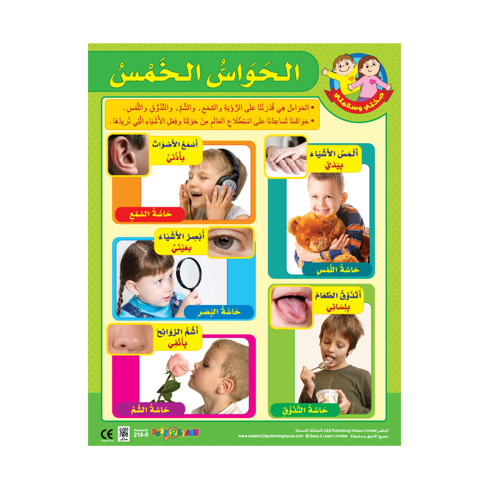 Colorful educational wall chart in Arabic about the five senses, featuring illustrations of children and various objects related to the senses.