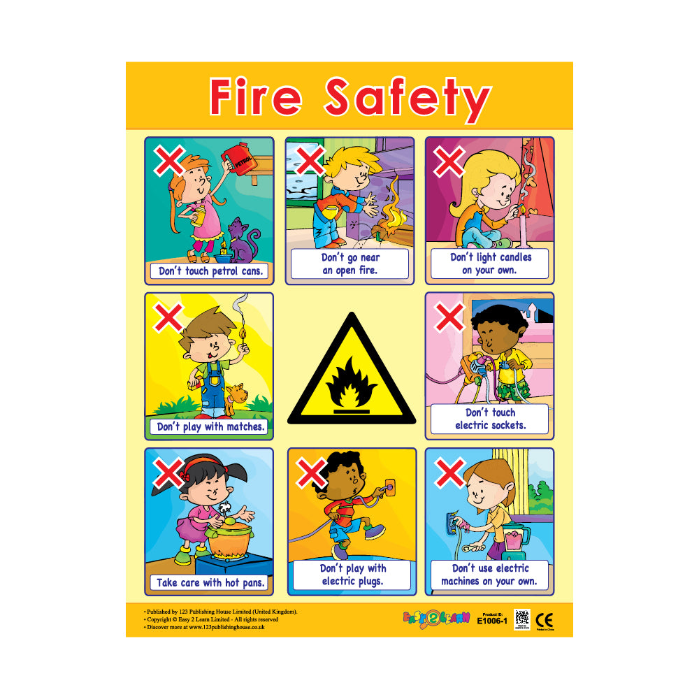 A colorful wall chart titled 'Fire Safety' with various safety tips illustrated and labeled, intended for educational purposes.