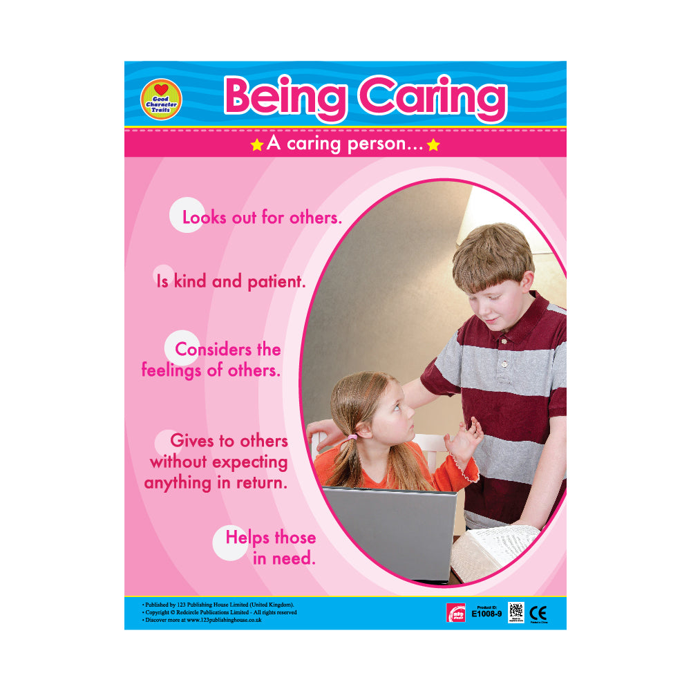 An educational wall chart titled 'Being Caring' featuring an image of two children, with text describing qualities of a caring person.