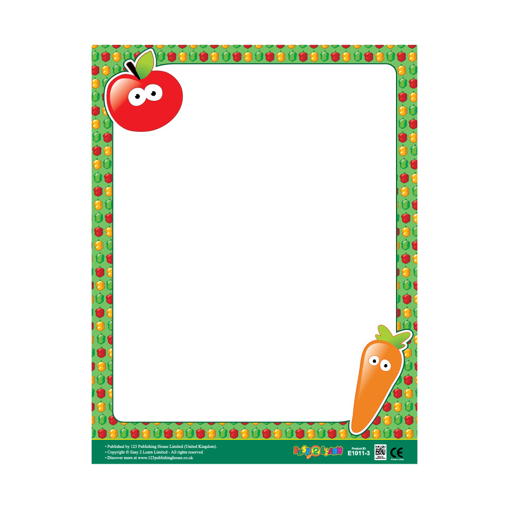 This image depicts a Classroom Theme Stationery or Teacher Theme Letterhead Stationery. It is designed for writing or printing and features a border with fruits like apples and carrots, often used in educational settings.