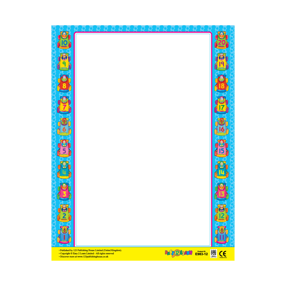 A colorful write-on chart with a car theme border and a central blank space for writing or drawing.