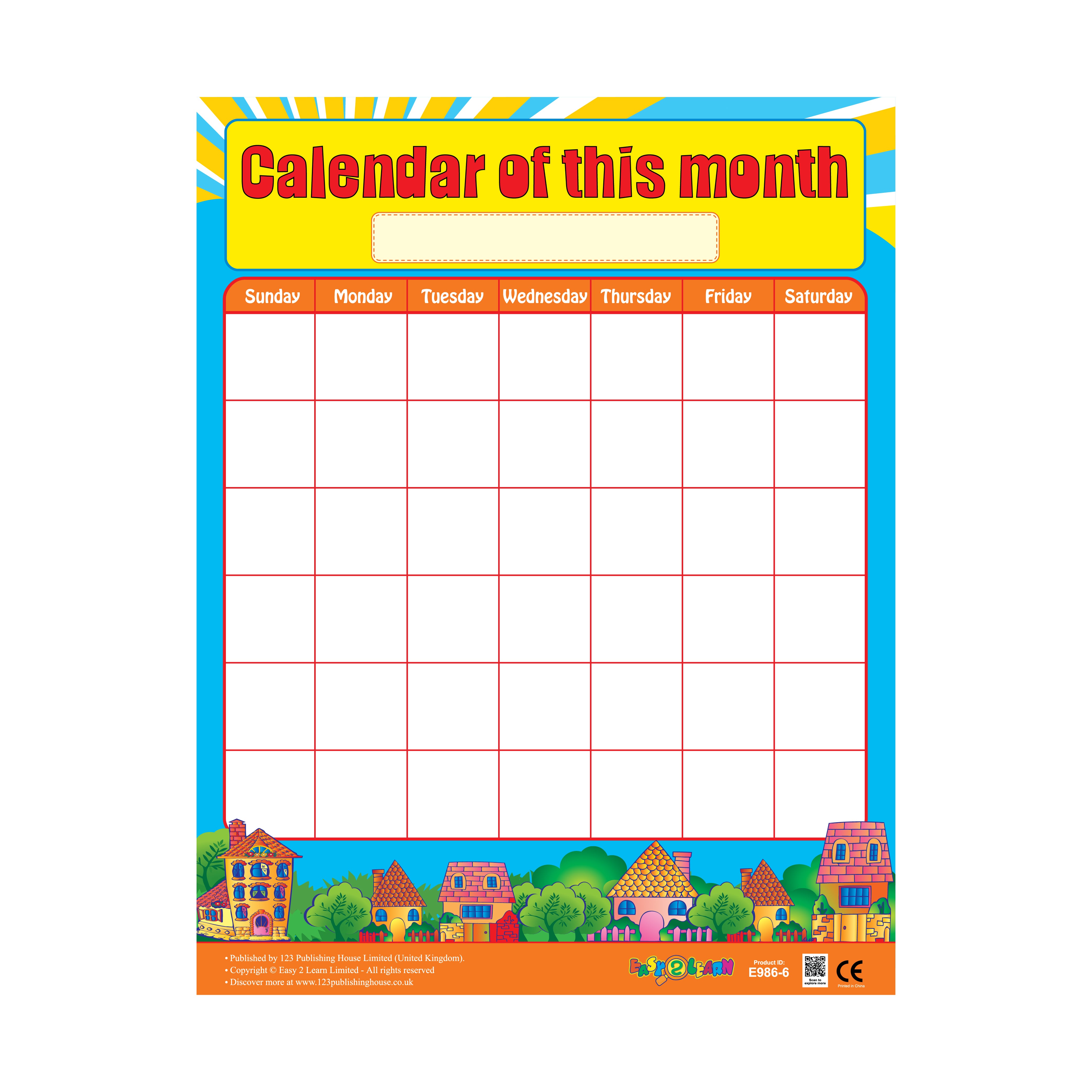 A colorful wall chart for kids with a title 'Calendar of this Month' and a graphic of a sun and houses. It features text for each day of the month and a QR code.