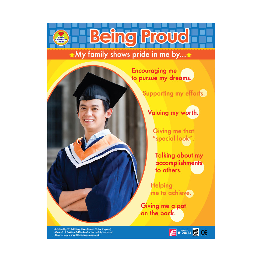 An educational wall chart titled 'Being Proud' with a young person in graduation attire, featuring points about family support and encouragement, displayed in a colorful design.