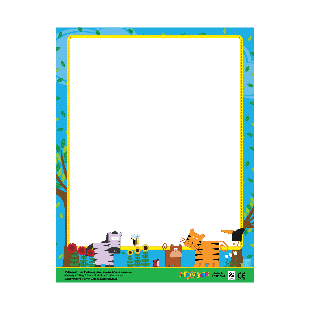 This picture is a "Write-On Chart" or "Moose & Friends Paper". It features a border with cartoon animals, including a zebra, a monkey, and a tiger, and is designed for educational or creative purposes like writing assignments, newsletters, or personalized awards. It is also associated with themes like "The Tiger Who Came to Tea" due to the prominent tiger illustration.