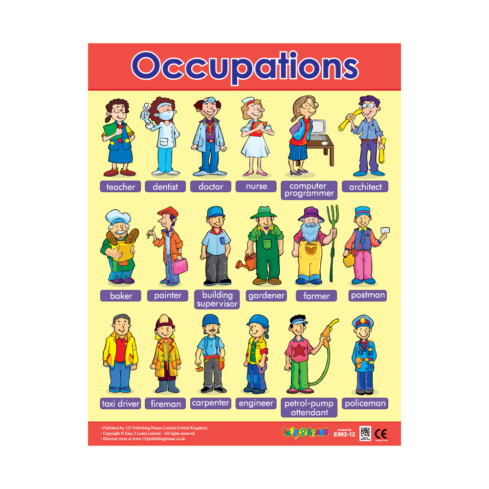 A colorful wall chart titled 'Occupations' featuring illustrated characters representing various occupations such as a driver, chef, and engineer, with a red background.