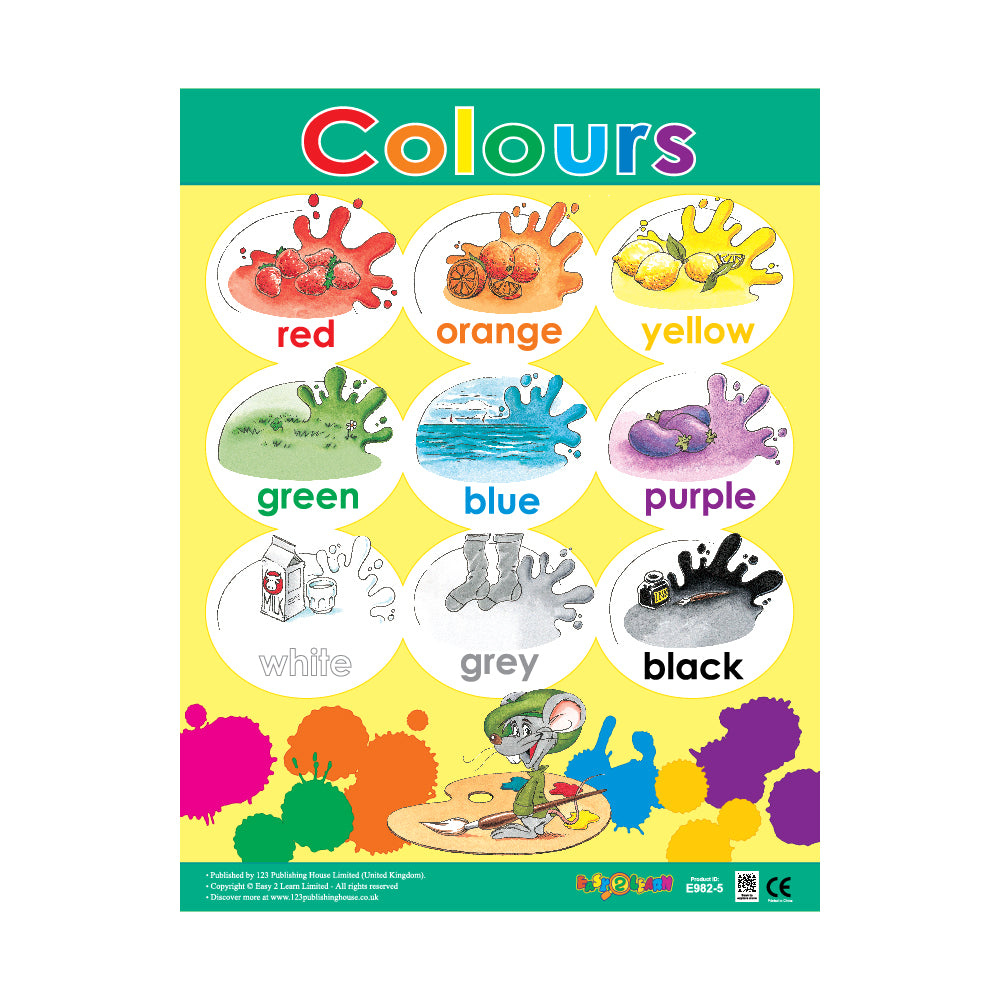 A colorful wall chart titled 'Colours' showing different colors with corresponding images or text descriptions, such as 'Red' with a strawberry, 'Orange' with a orange slice, and 'Black' with a black silhouette.