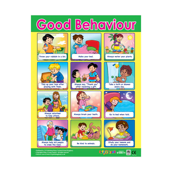 A colorful wall chart titled 'Good Behaviour' with various cartoon characters illustrating positive behavior traits and accompanying text phrases.