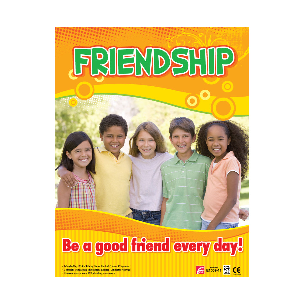 A colorful wall chart titled 'Friendship' with a background that looks like a playground, featuring cartoon images of children, and text that says 'BE A GOOD FRIEND EVERY DAY!'.