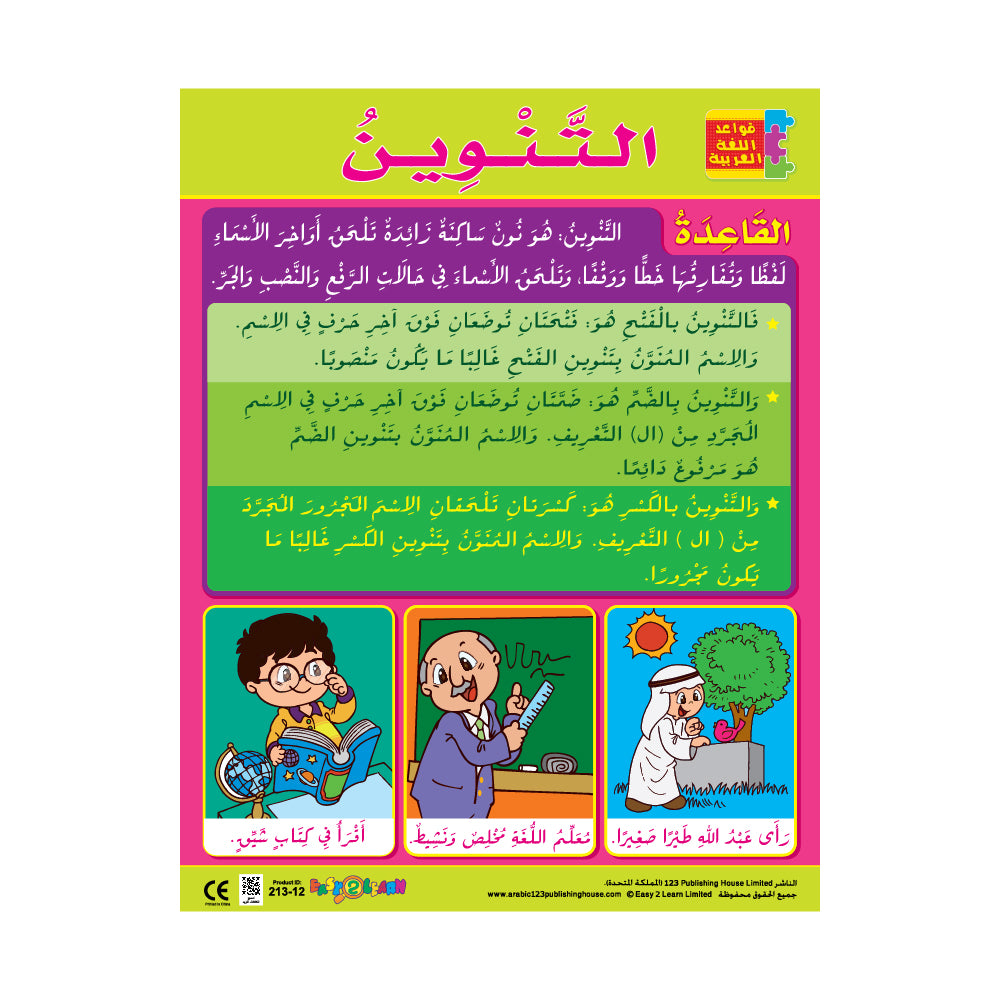 A colorful wall chart in Arabic featuring text, illustrations, and QR codes for downloadable audio-visual version.