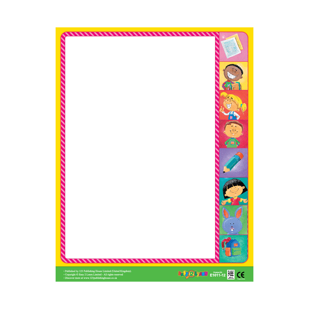 A colorful write-on chart with illustrations of children and stationery, with a blank space for writing or drawing.