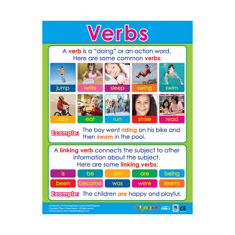 A colorful wall chart titled 'VERBS' with various action words defined and illustrated with corresponding images.