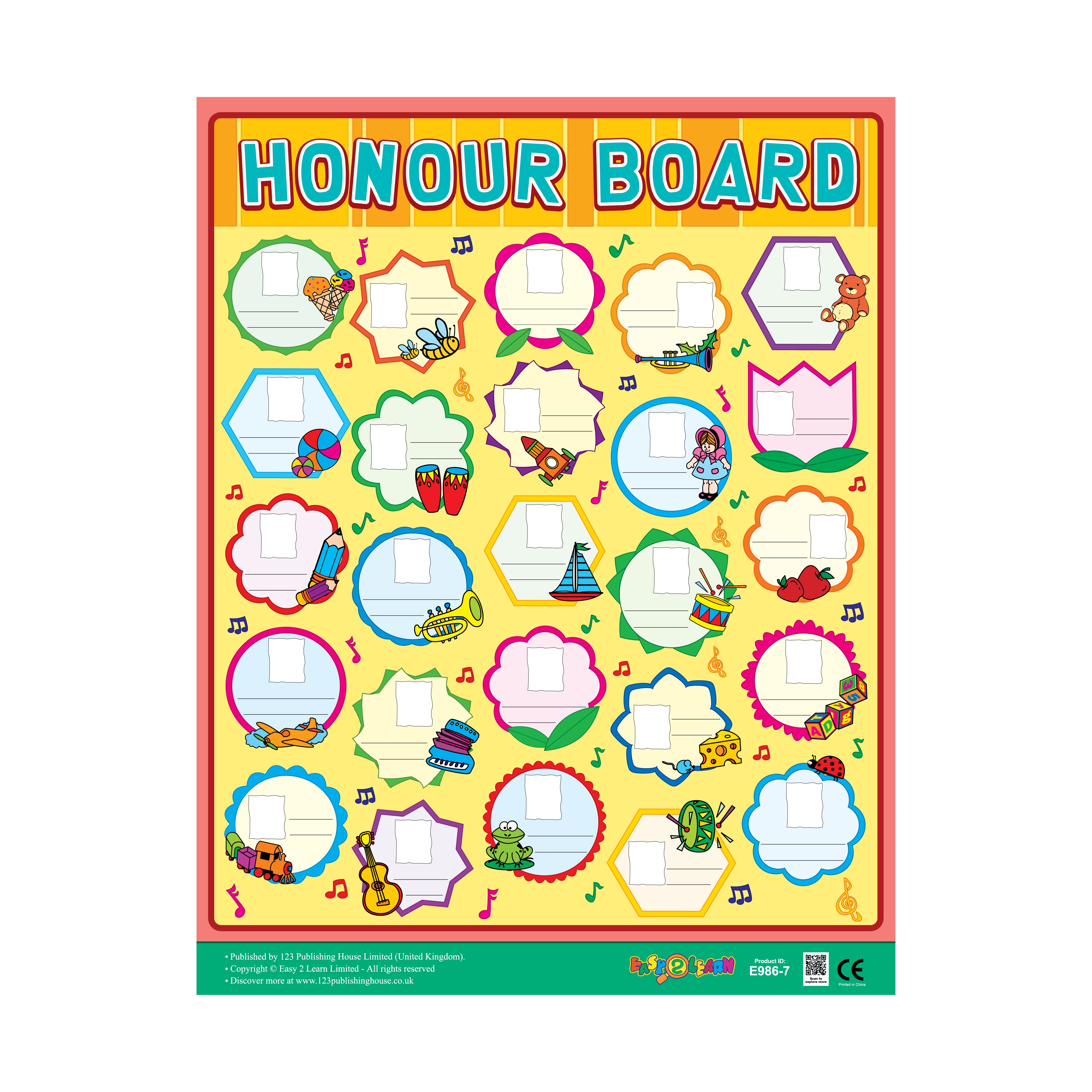 A colorful honor board with various illustrations and spaces for rewarding children's positive qualities.